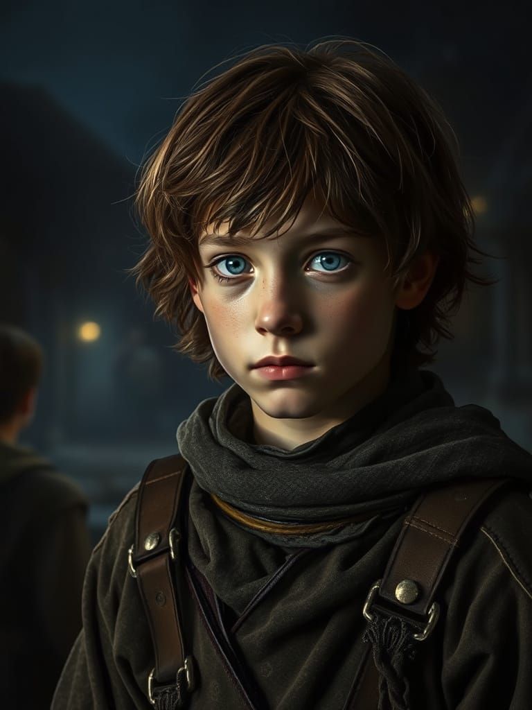 Medieval Boy in Village Under Siege by Night