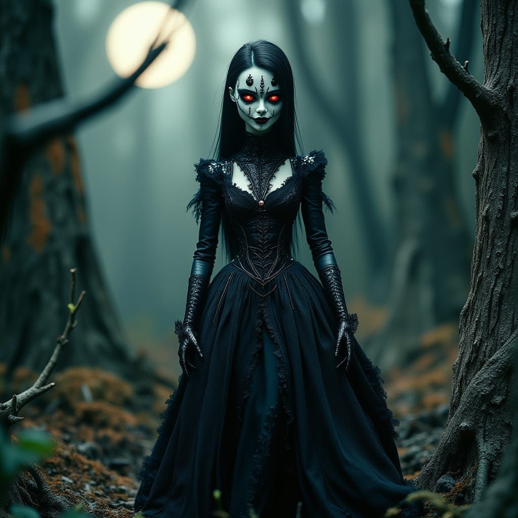 Evil Barbie Doll with Runes in Moonlight Forest
