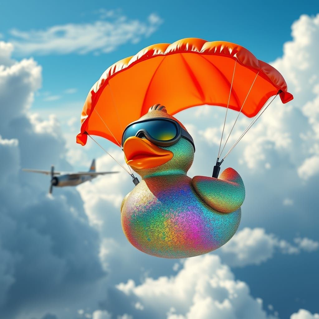 Surreal Glitter Duck Sky Dives in Vibrant, Whimsical Style