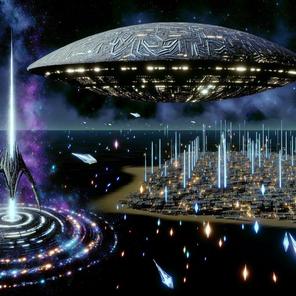 Andromeda Mothership over Atlantis in Starry Night Sky