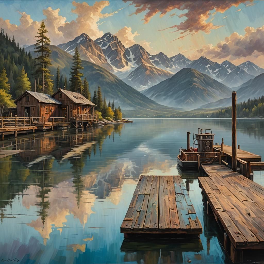 Impressionistic Dock Scene with Steampunk Elements