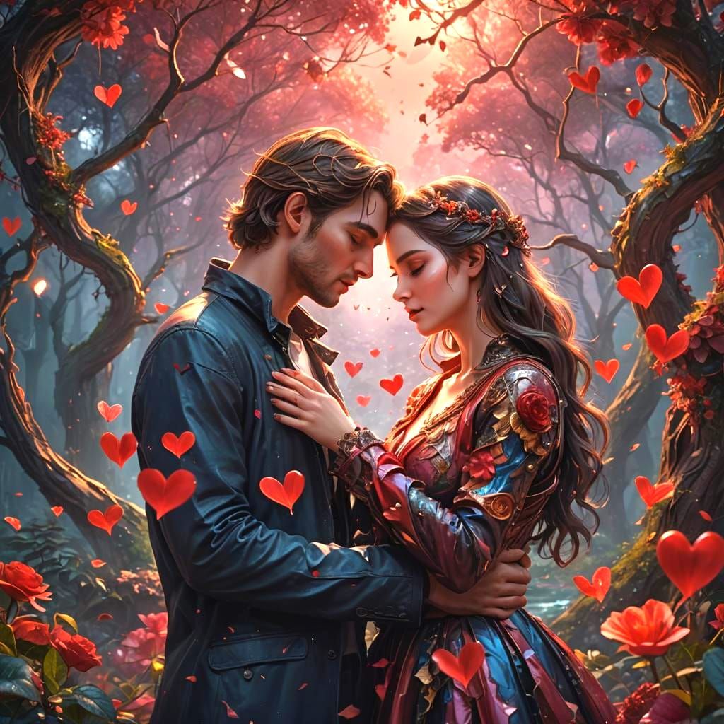 Lovers Meeting in Nature: A Detailed Fantasy Painting