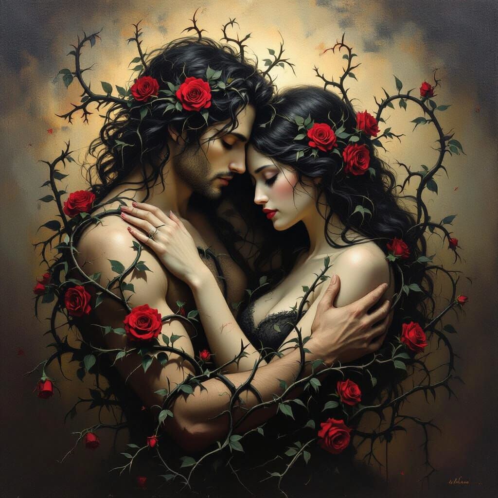 Surrealist Oil Painting of Love's Deceptive Beauty