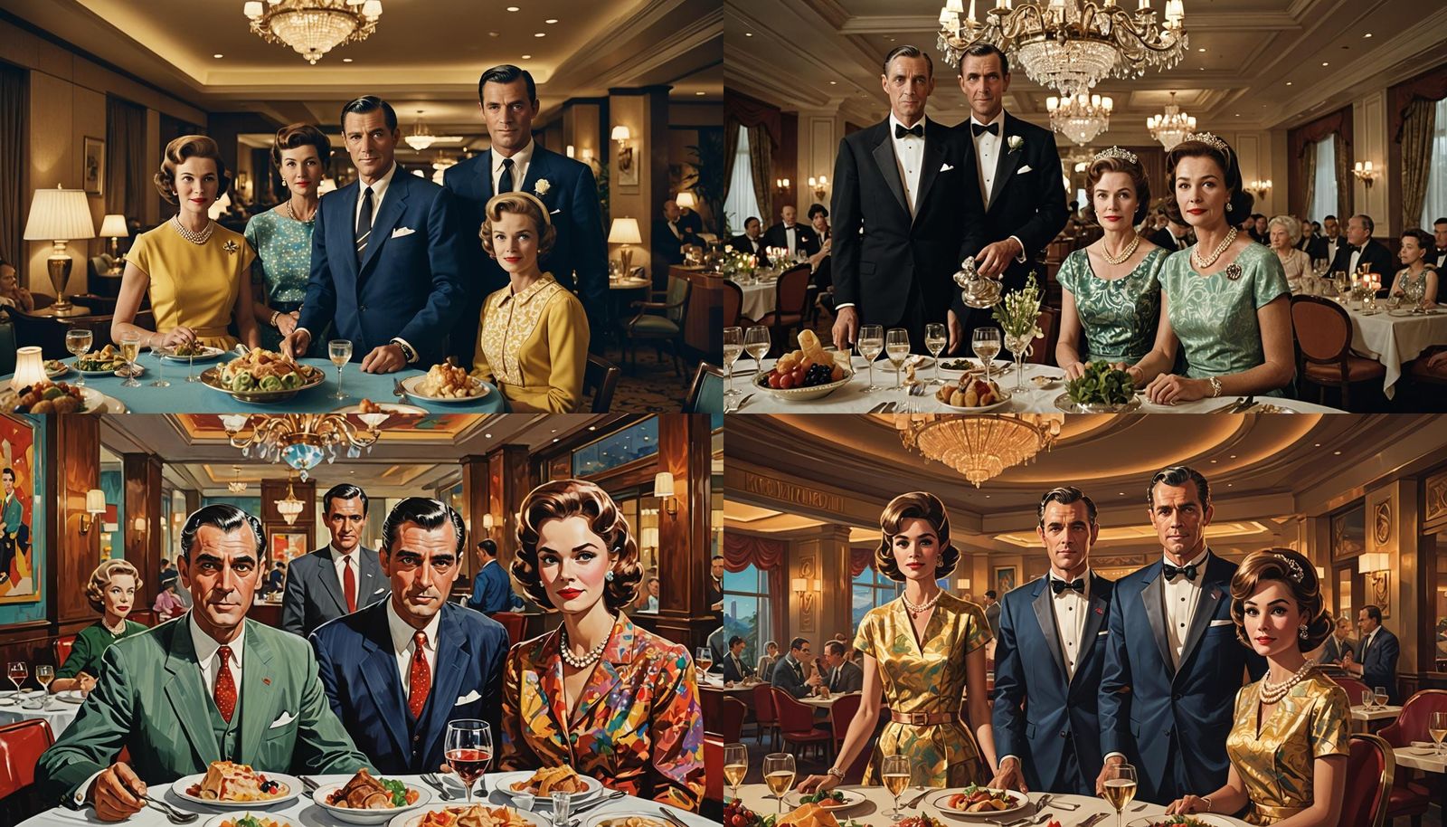 Family Enters 1960s Restaurant, Art Nouveau Style