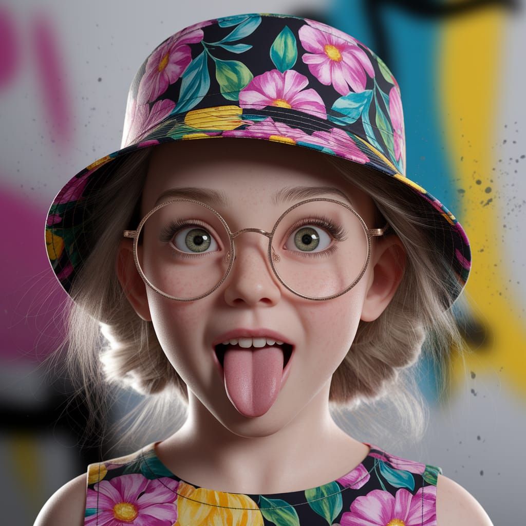 Young Girl in Floral Bucket Hat with Expressive Eyes