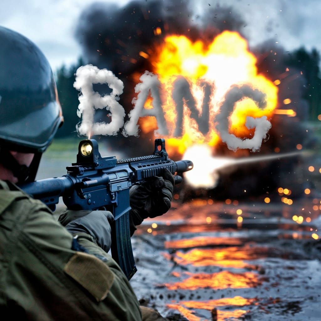 Soldier's Gun Smoke Spells "BANG" in Cinematic Scene