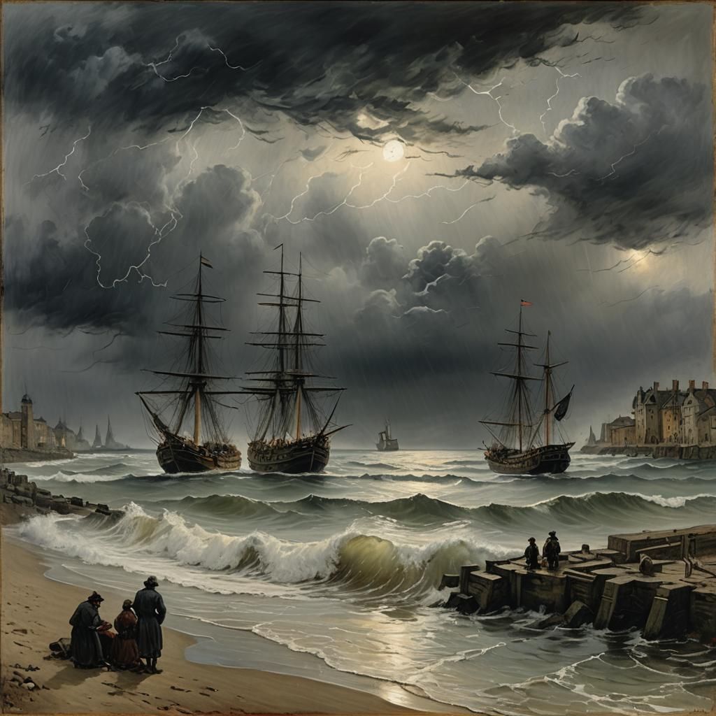 Ships in Harbor During Storm, Tonalist Style