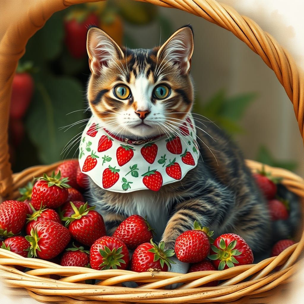 Whimsical Feline Amidst Lush Strawberries in Warm Realism