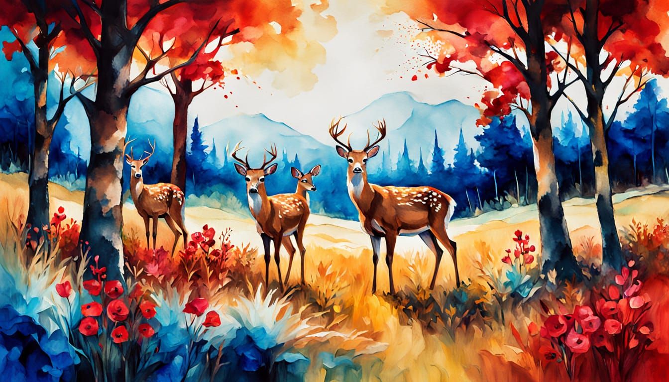 Deer Family Grazing: Alcohol Ink Autumn Scene