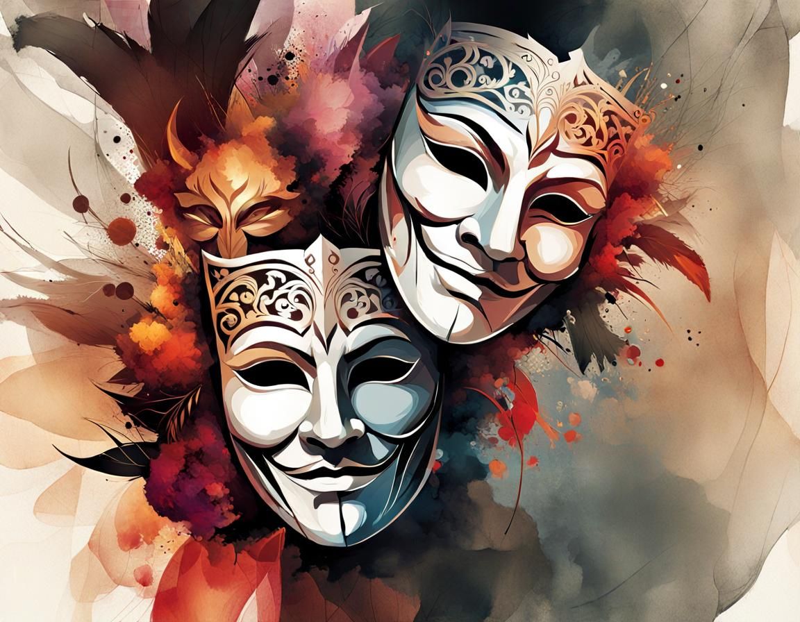 Comedy and Tragedy Masks Watercolor Illustration