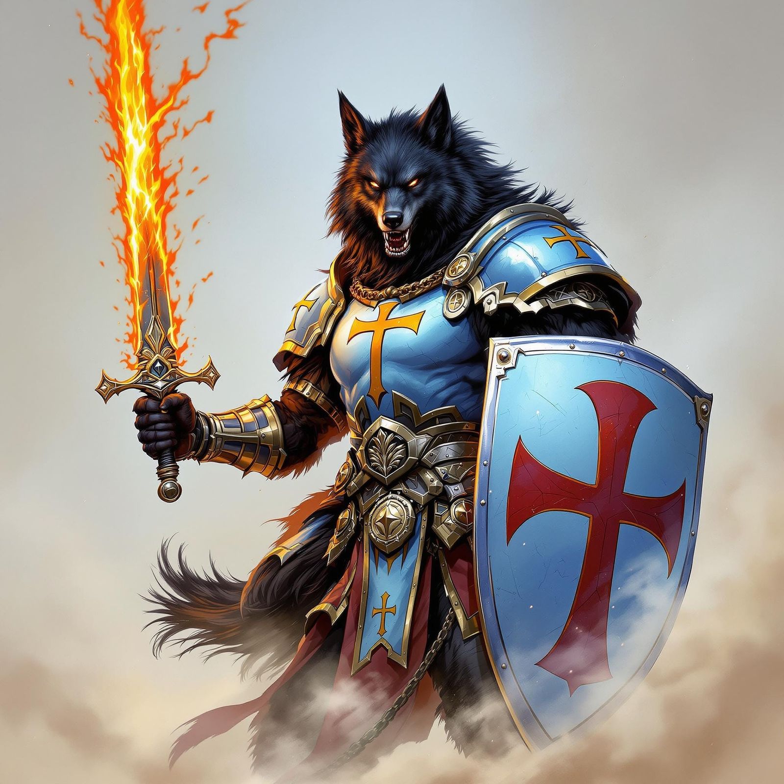 Armored Wolf Warrior with Flaming Sword