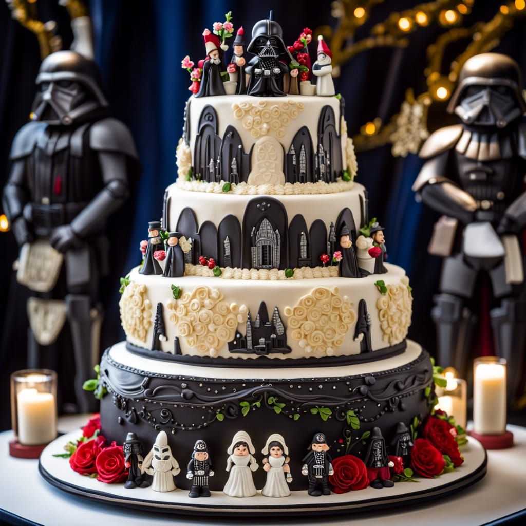 Unique Wedding Cake Topped with Darth Vader and Snow White