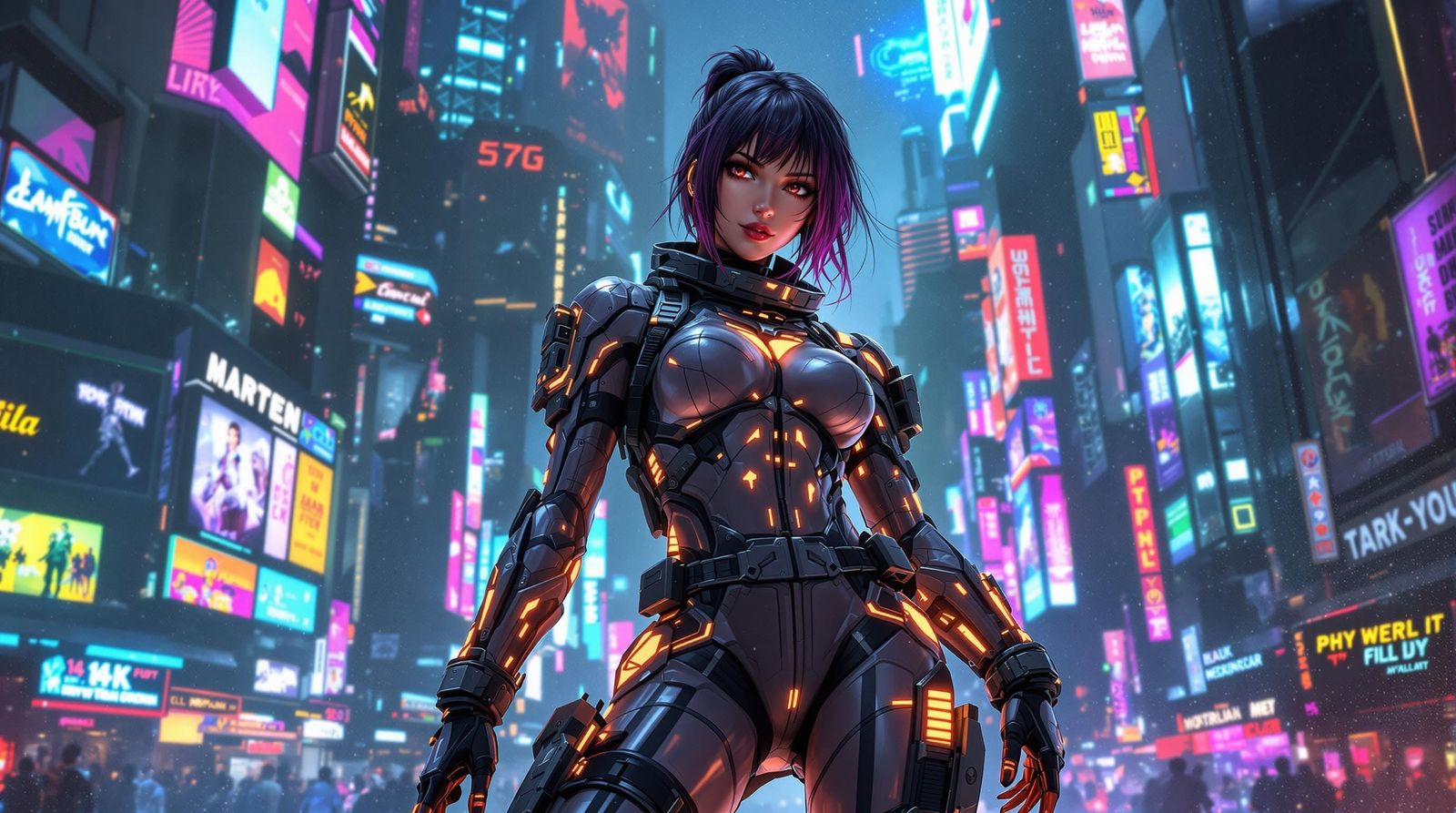 Futuristic Woman in Neon Cityscape: Cyberpunk Art