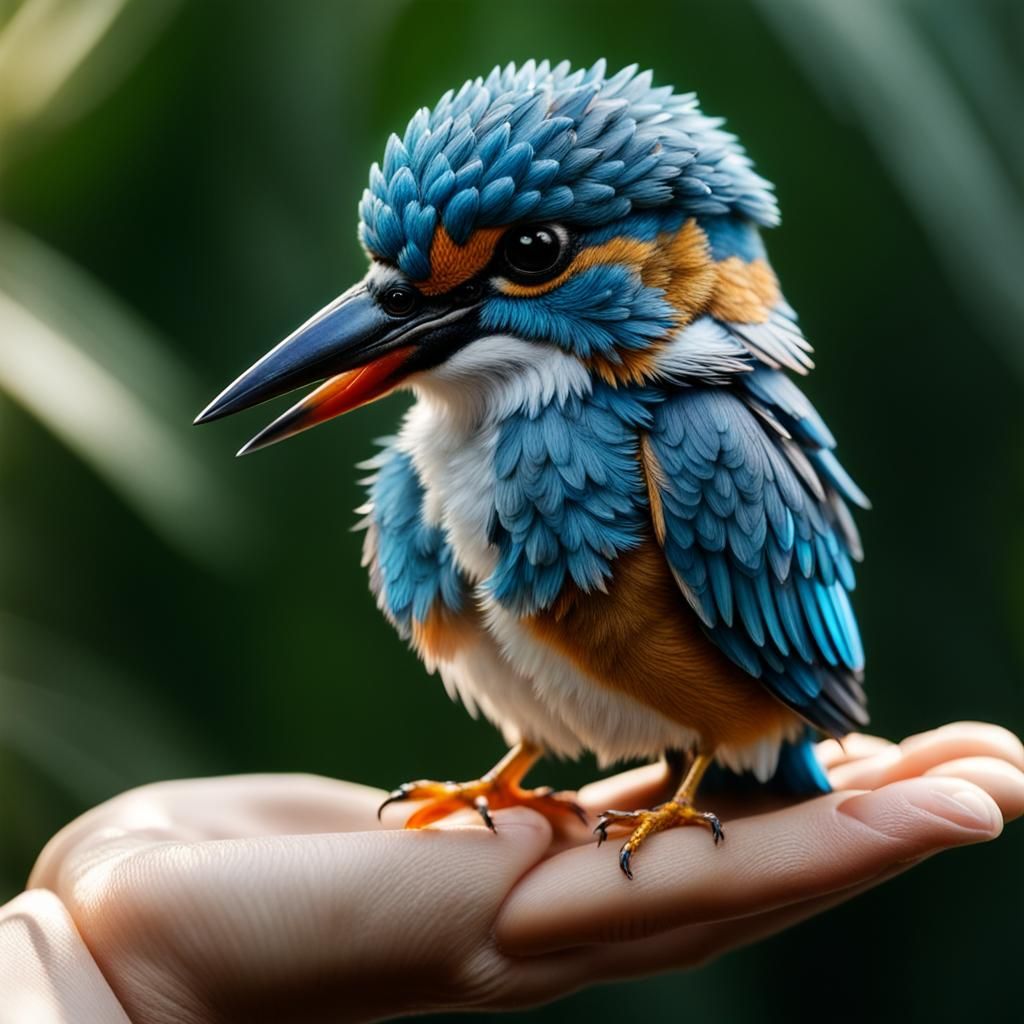 Cute Chibi Kingfisher in Palm of Hand
