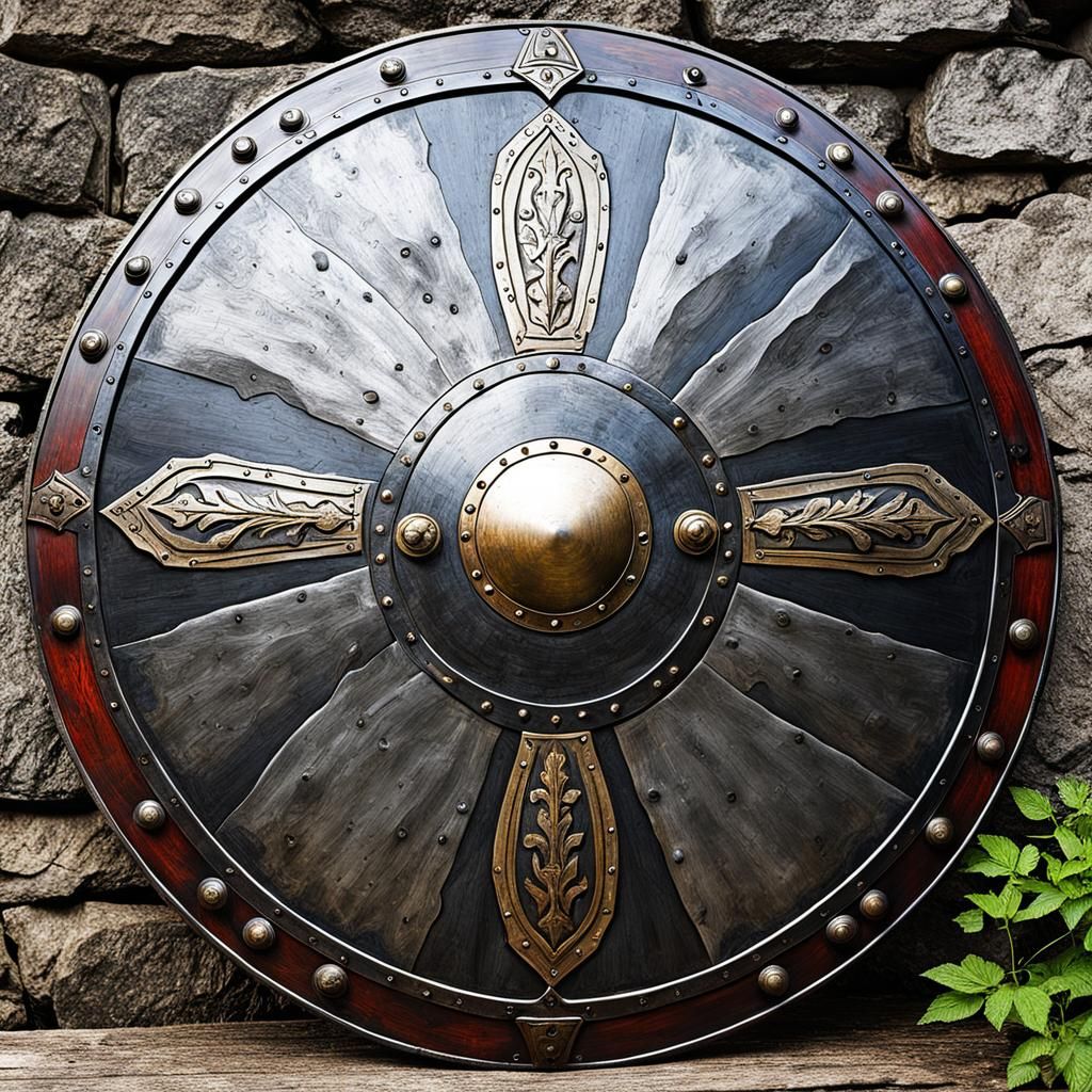 Targe Shield medium-to-large in size and round, much like a larger version of the Buckler shield. Battle field, rainy, m...
