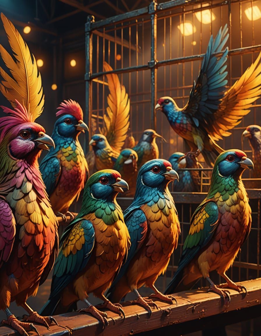 Pigeons Sing to Doves in Cages: Vibrant Oil Painting