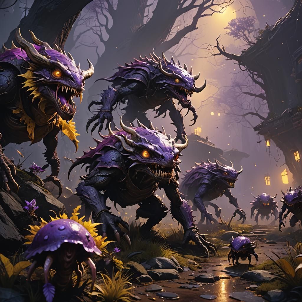Grotesque Creatures in Dark Fantasy Landscape