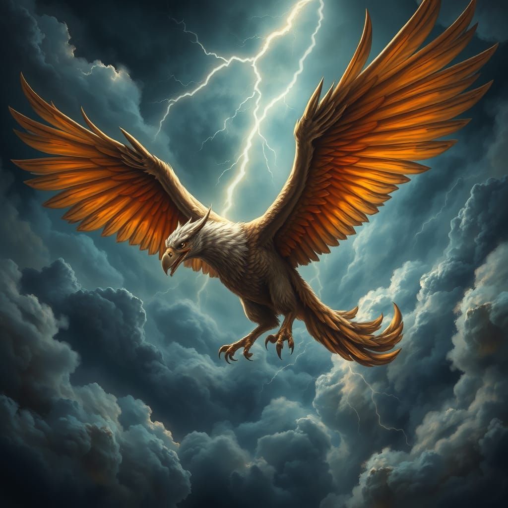Majestic Griffin Soaring Through Stormy Sky