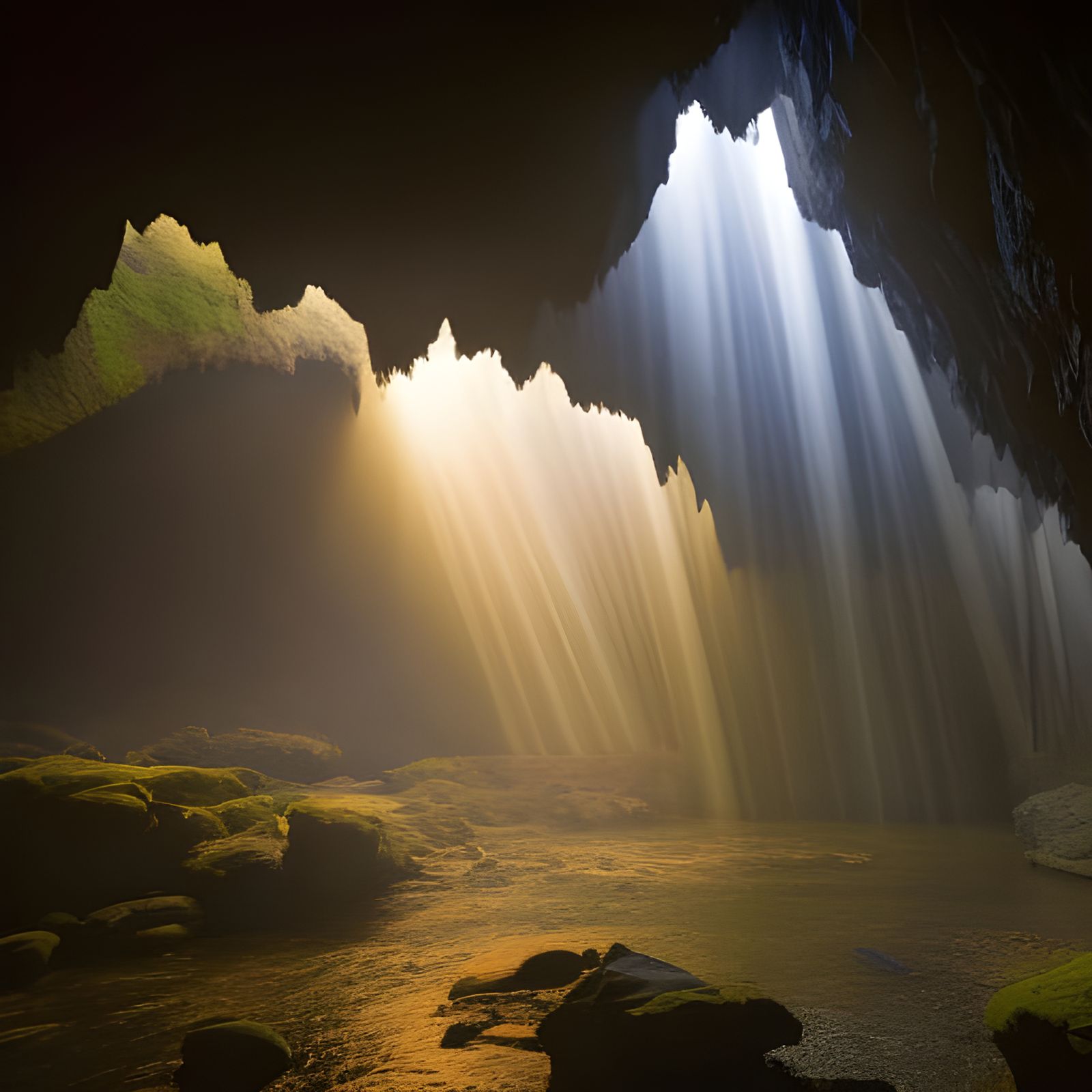 Surreal Cave Landscape with Raging River