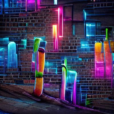 Neon Tubes Glow Against Brick Wall at Night