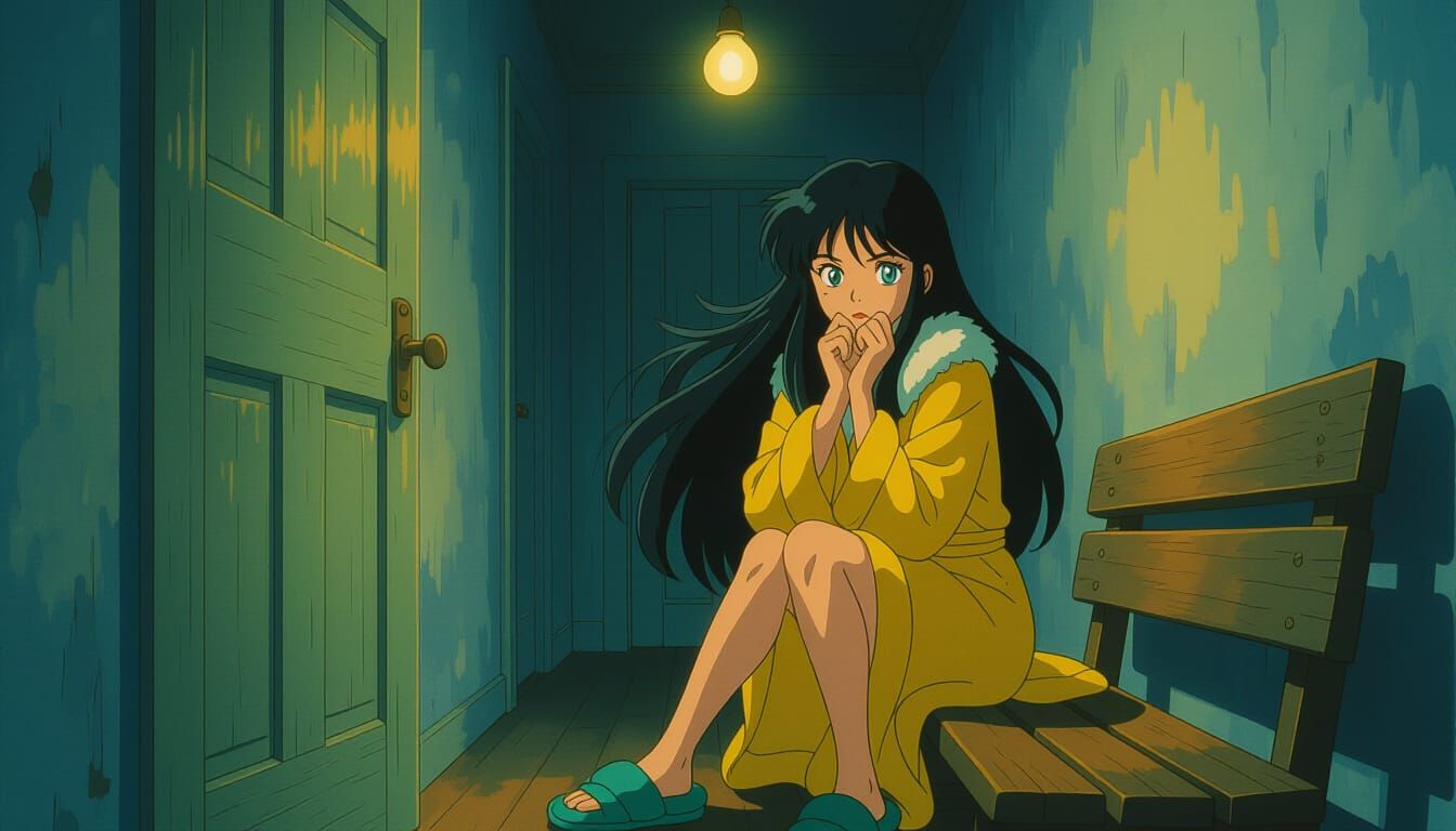 Woman with Black Hair and Teal Eyes on Bench