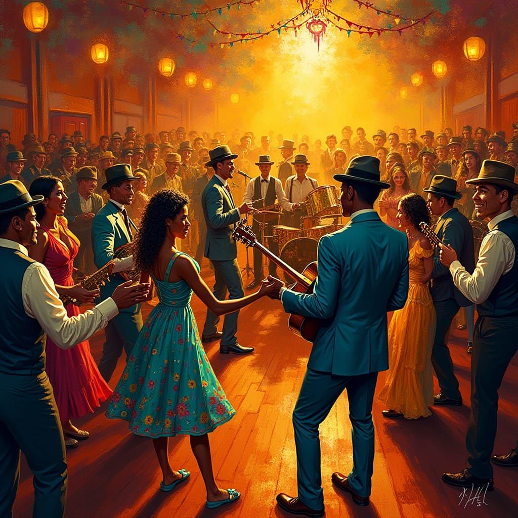 Joyful Zydeco Dance Hall Scene in Vibrant Street Art Style
