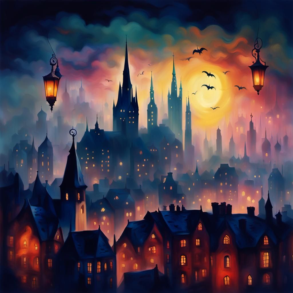 New Vampire City: Gothic Skyline in Expressionist Style