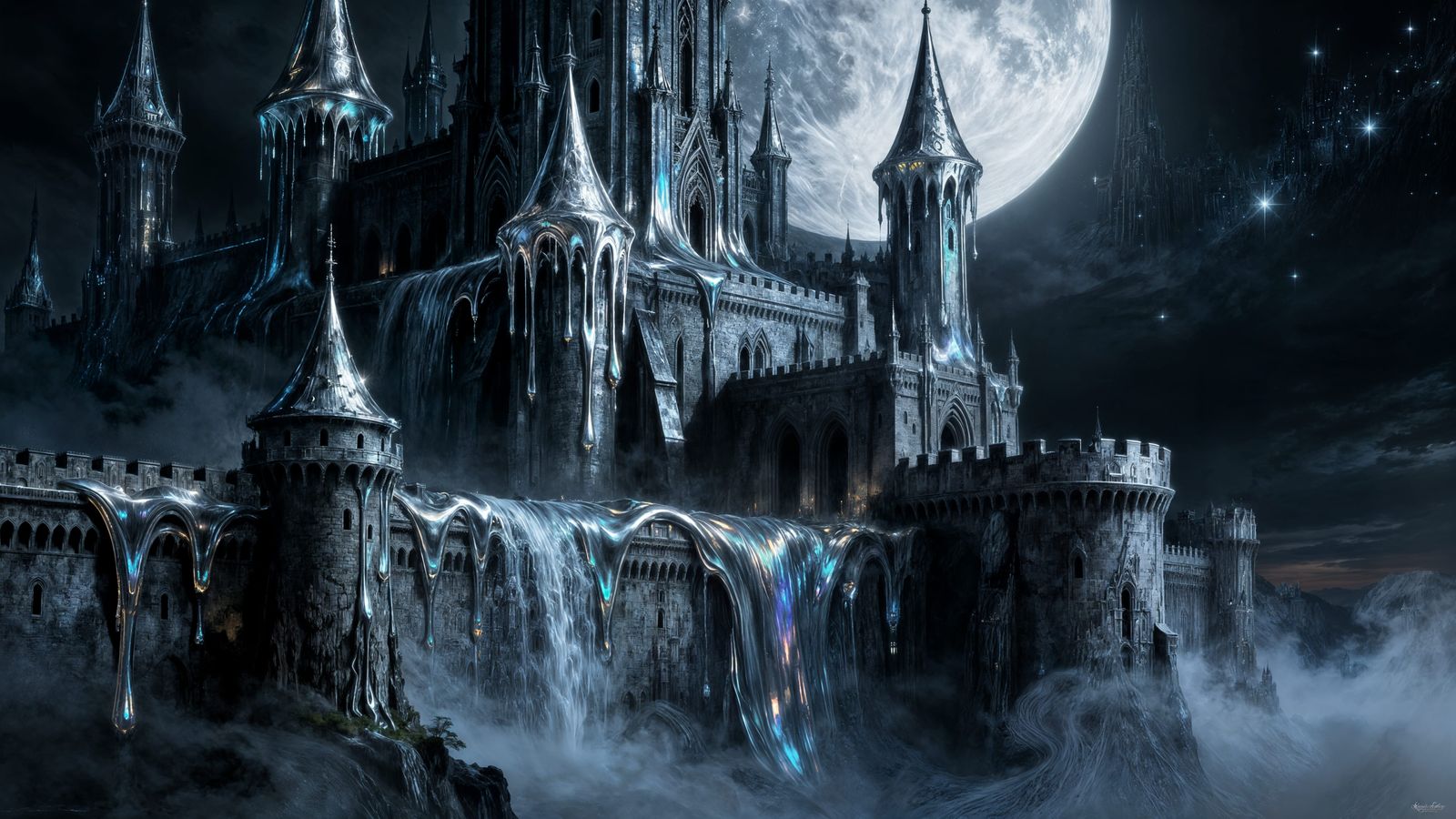 Majestic Castle of Liquid Moonlight in Dark Fantasy Style