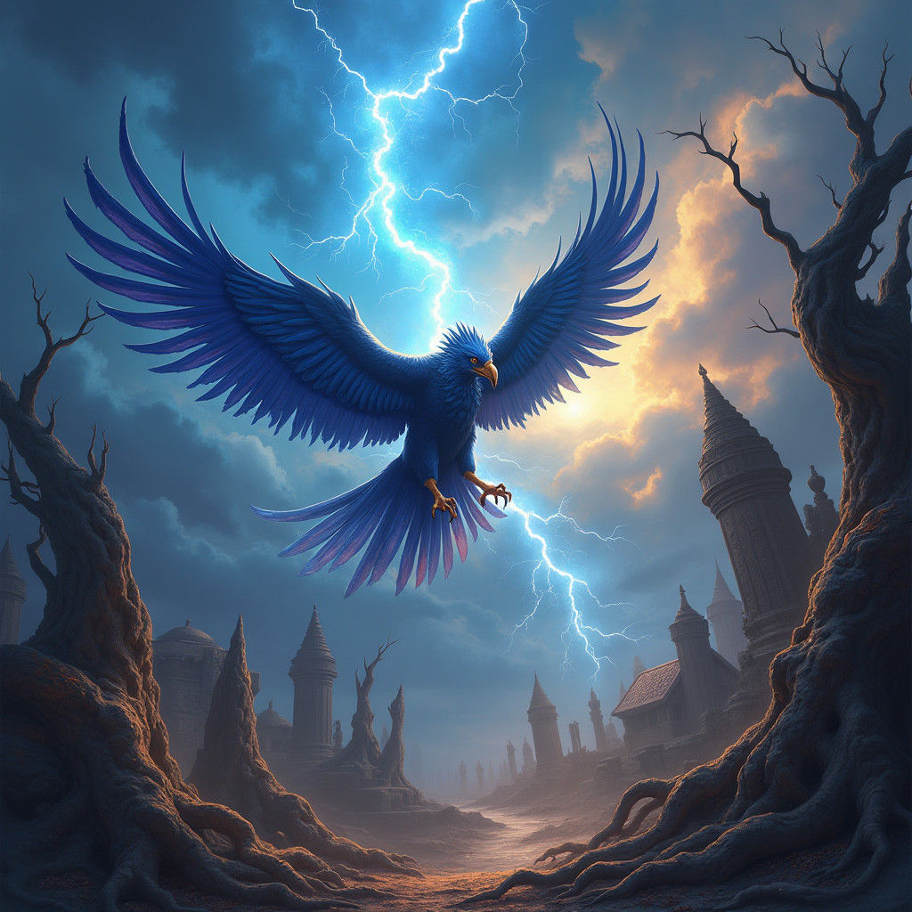 Majestic Thunderbird Soaring Through Mystical Stormy Sky