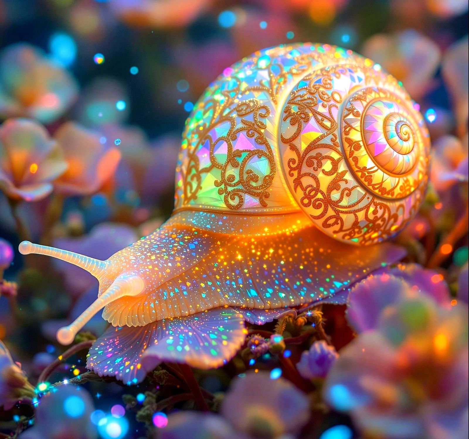 Glowing Snail in Whimsical Filigree Painting
