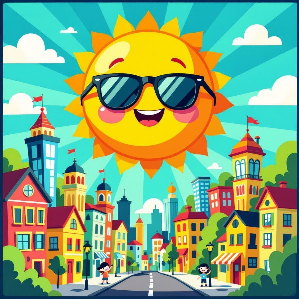 Cartoon Sun Smiles on Stained Glass Cityscape