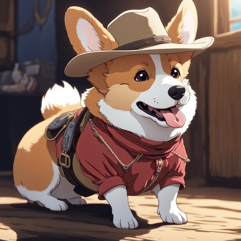 Corgi Cowboy in Anime Style