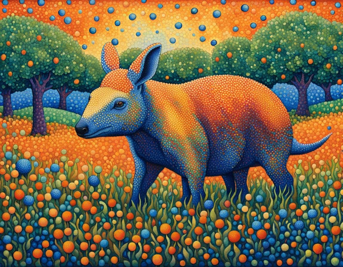 Pointillist Aardvark in Meadow, Artstation Quality