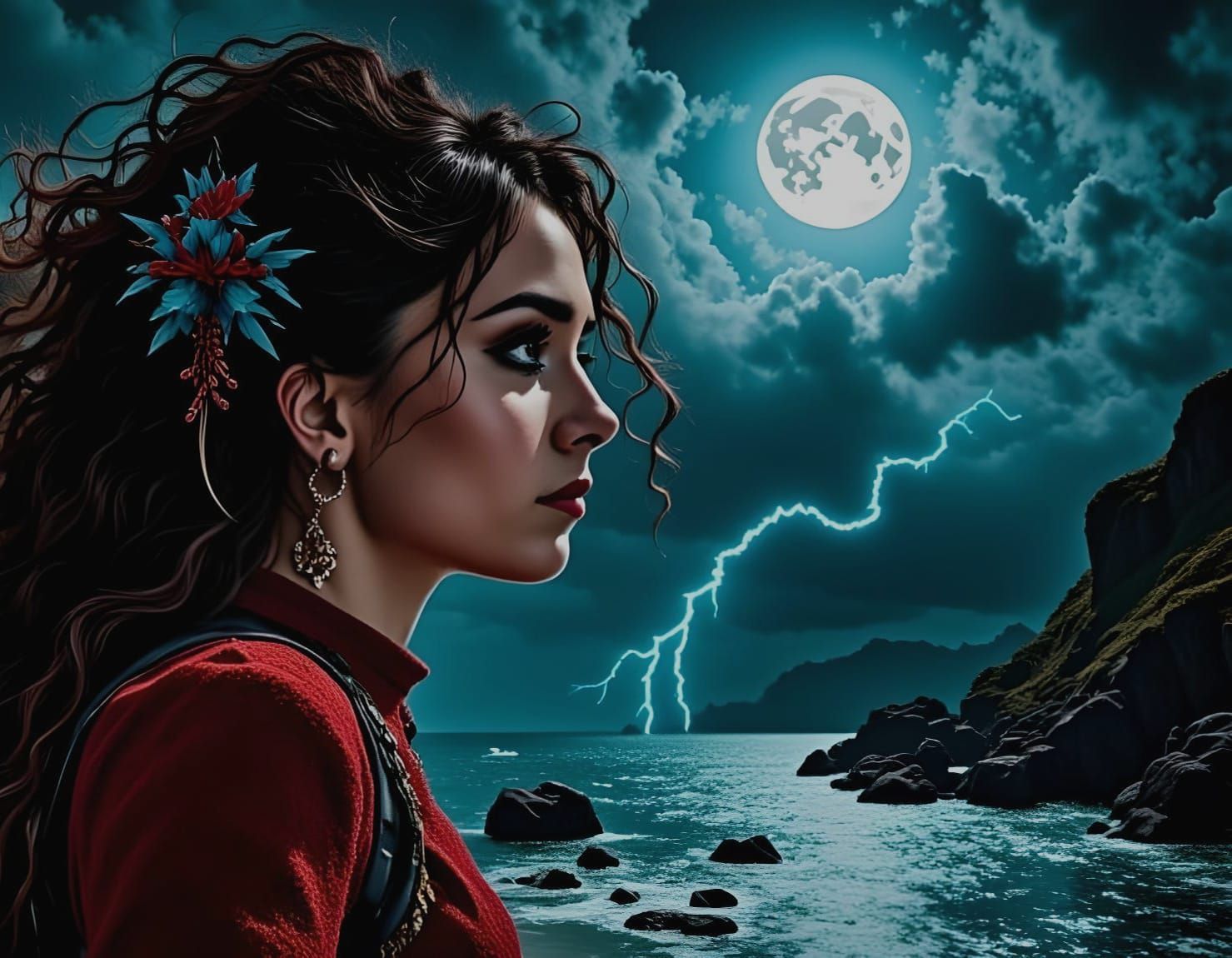 Magnetic Woman Gazing at Moonlit Sea