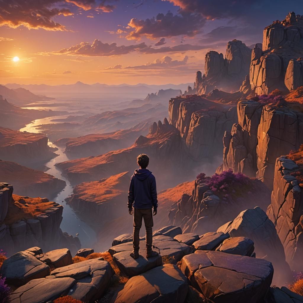 Boy Gazing at Sunset in Mystical Landscape