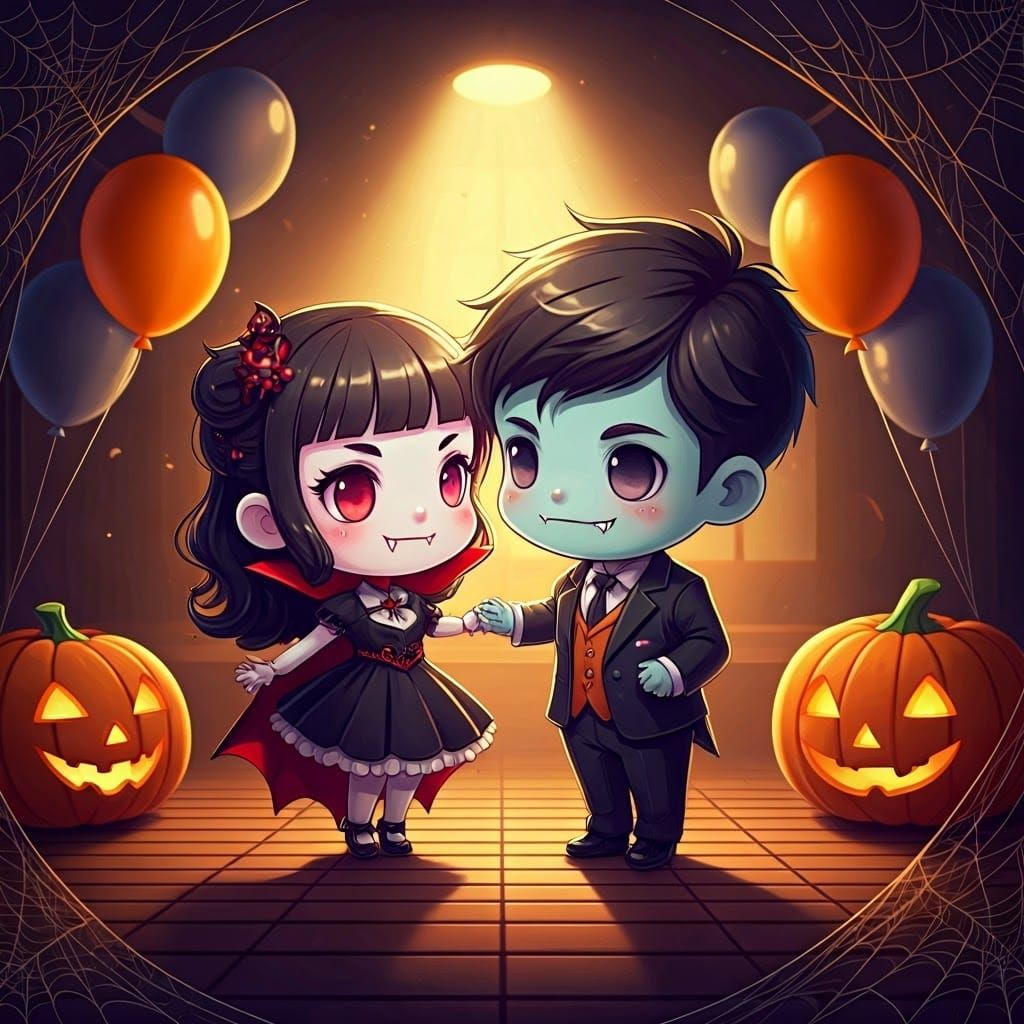 Whimsical Vampire and Zombie Chibi Couple Dance at Halloween
