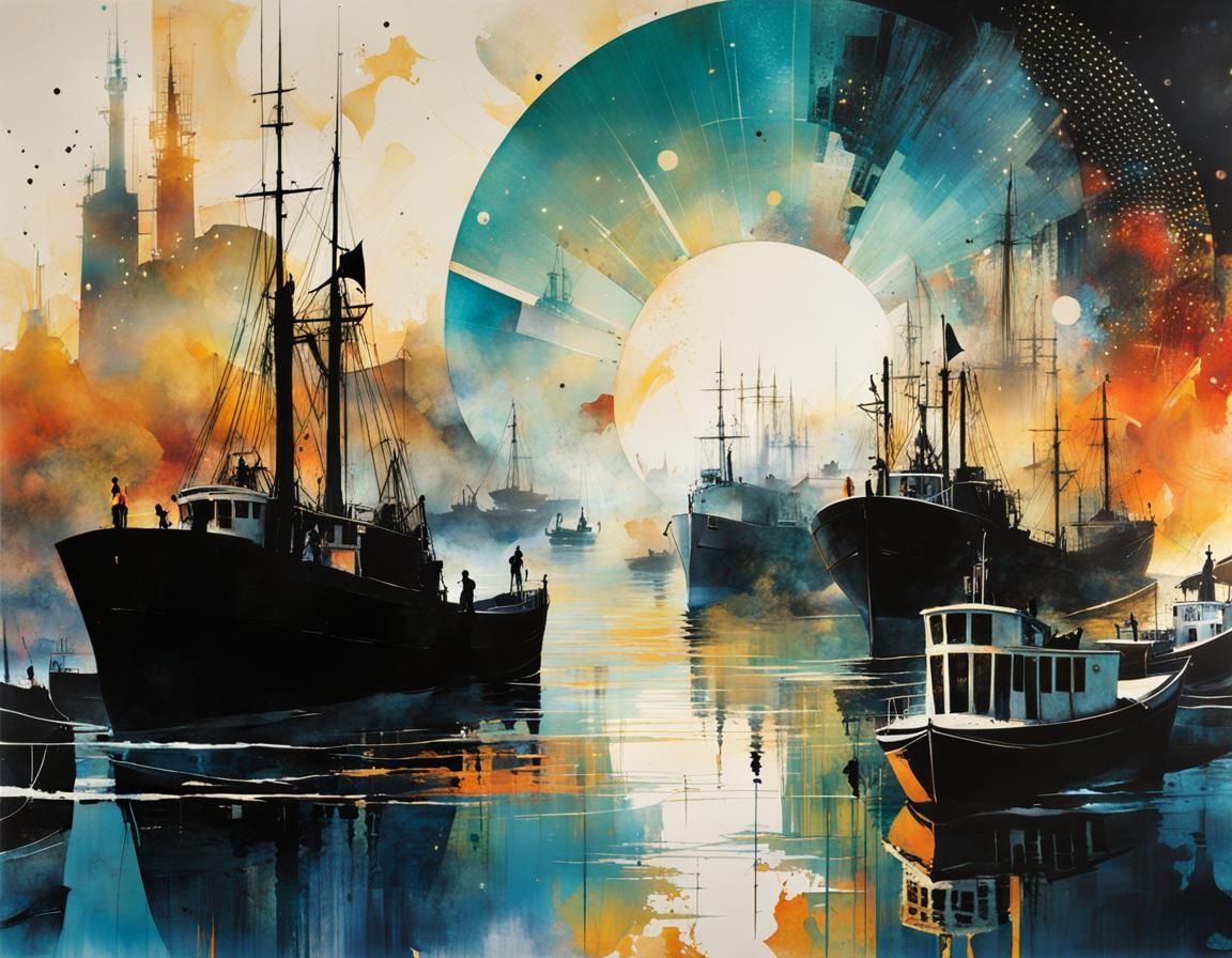 Retro Harbour Silhouette Collage with Luminescent Details