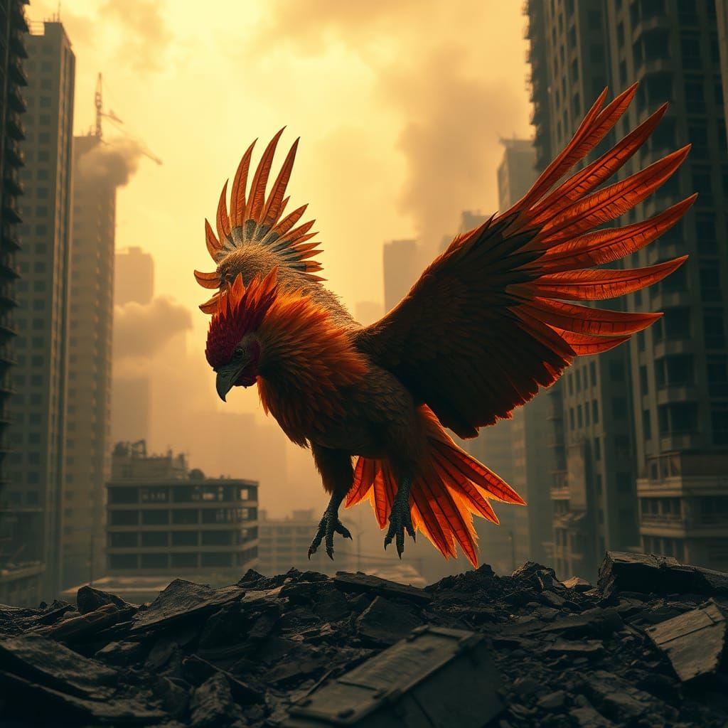 Fiery Simurgh Bird Advances on Dystopian City