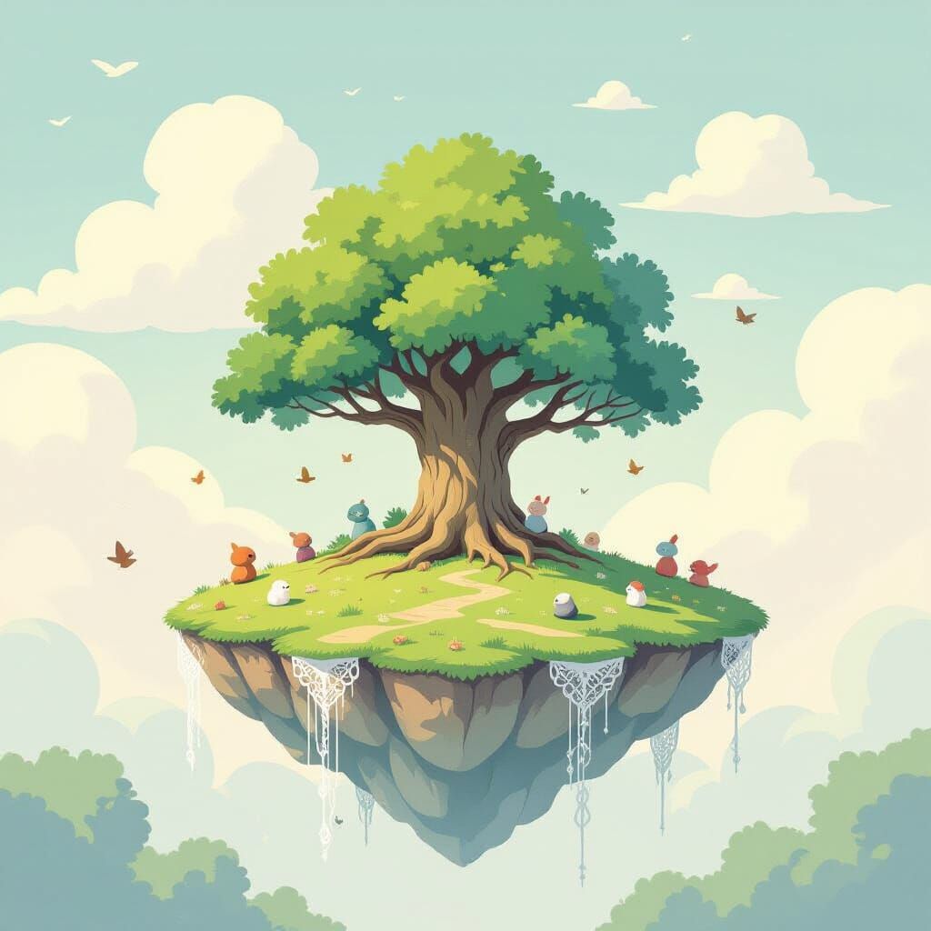 Floating Island Oasis in Watercolor Style