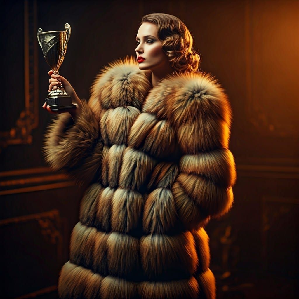 Elegant Woman in Fur Coat with Trophy