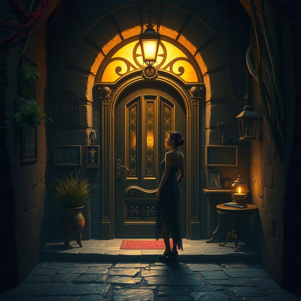 Mystical Cafe Entrance with Elegant Woman, Fantasy Concept A...