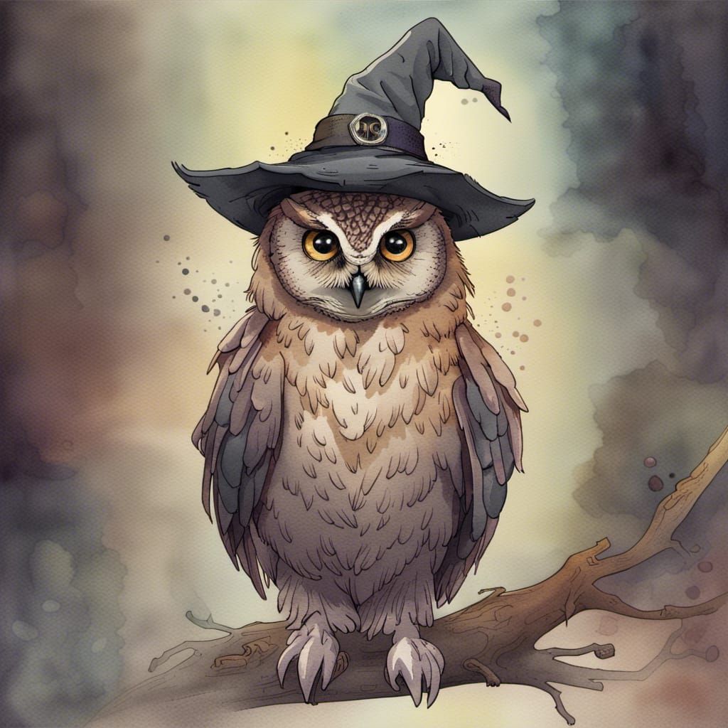 Owl in Witch Hat, Watercolor Storybook Style