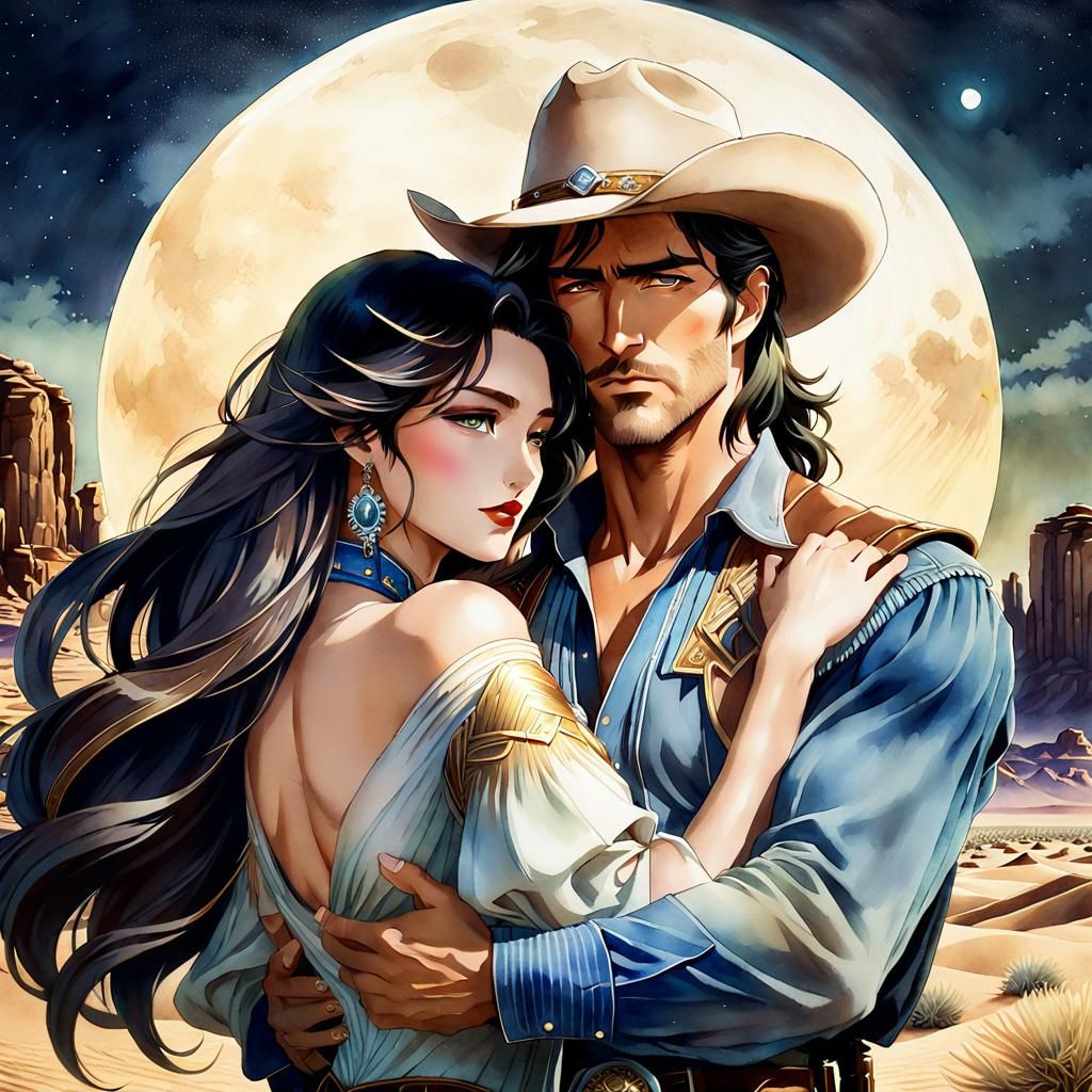 Anime Art Deco Cowboy Romance Watercolor Painting