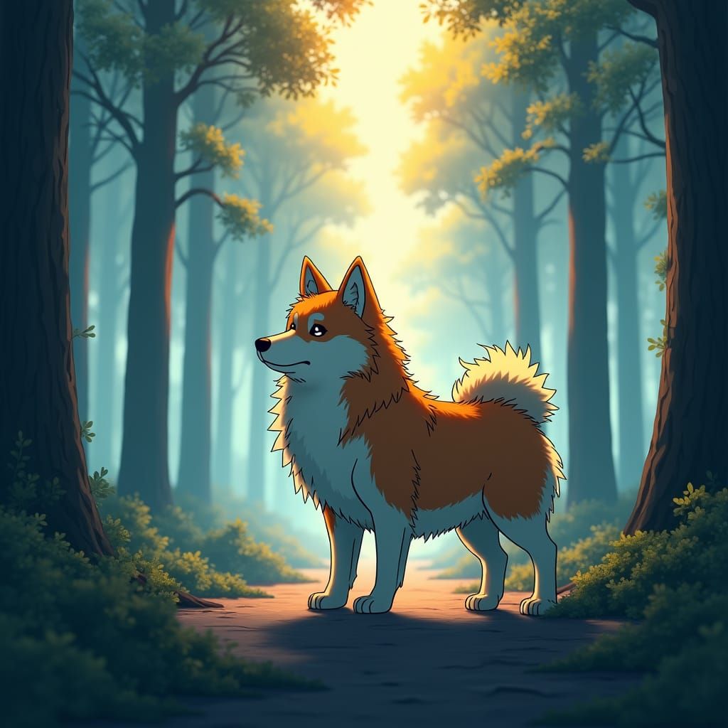 Lapphund in Misty Forest, Anime-Inspired Art