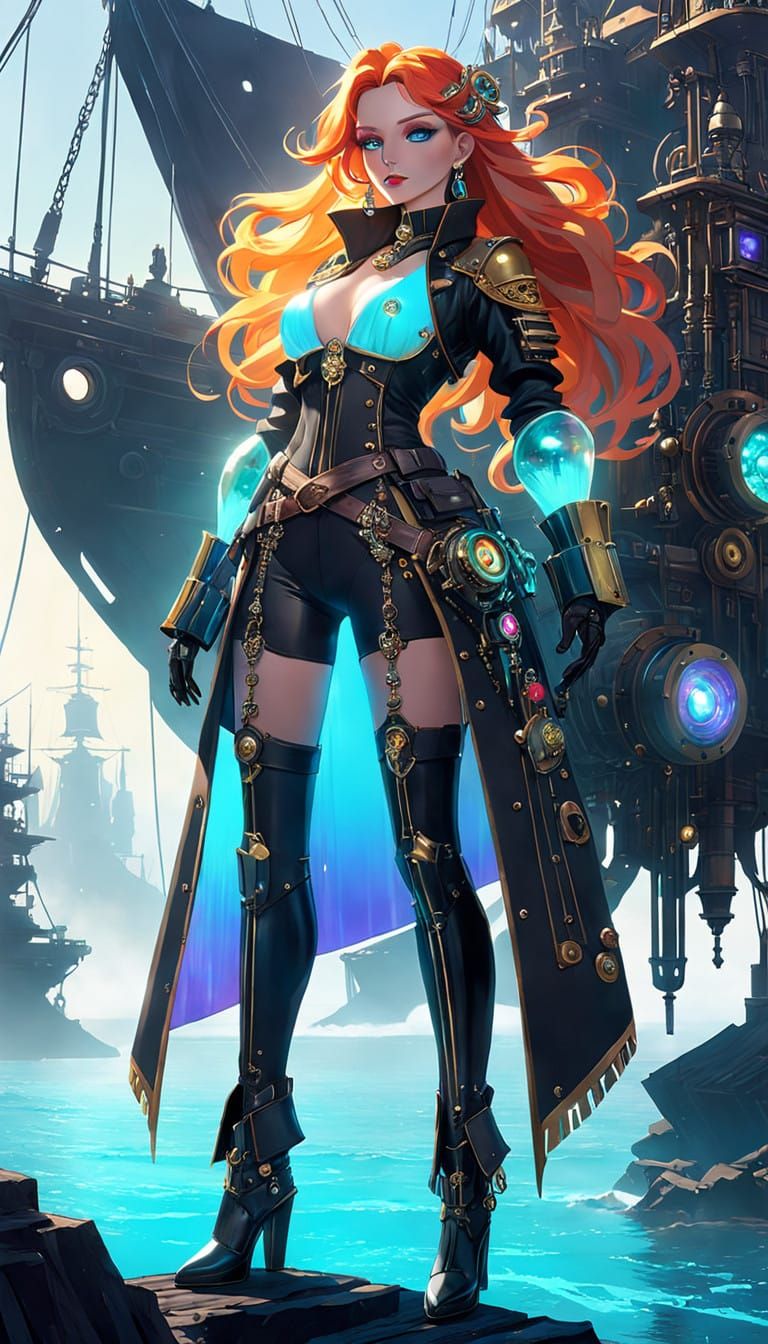 Glowing Fembot Pirate Captain in Industrial Cyberpunk Style