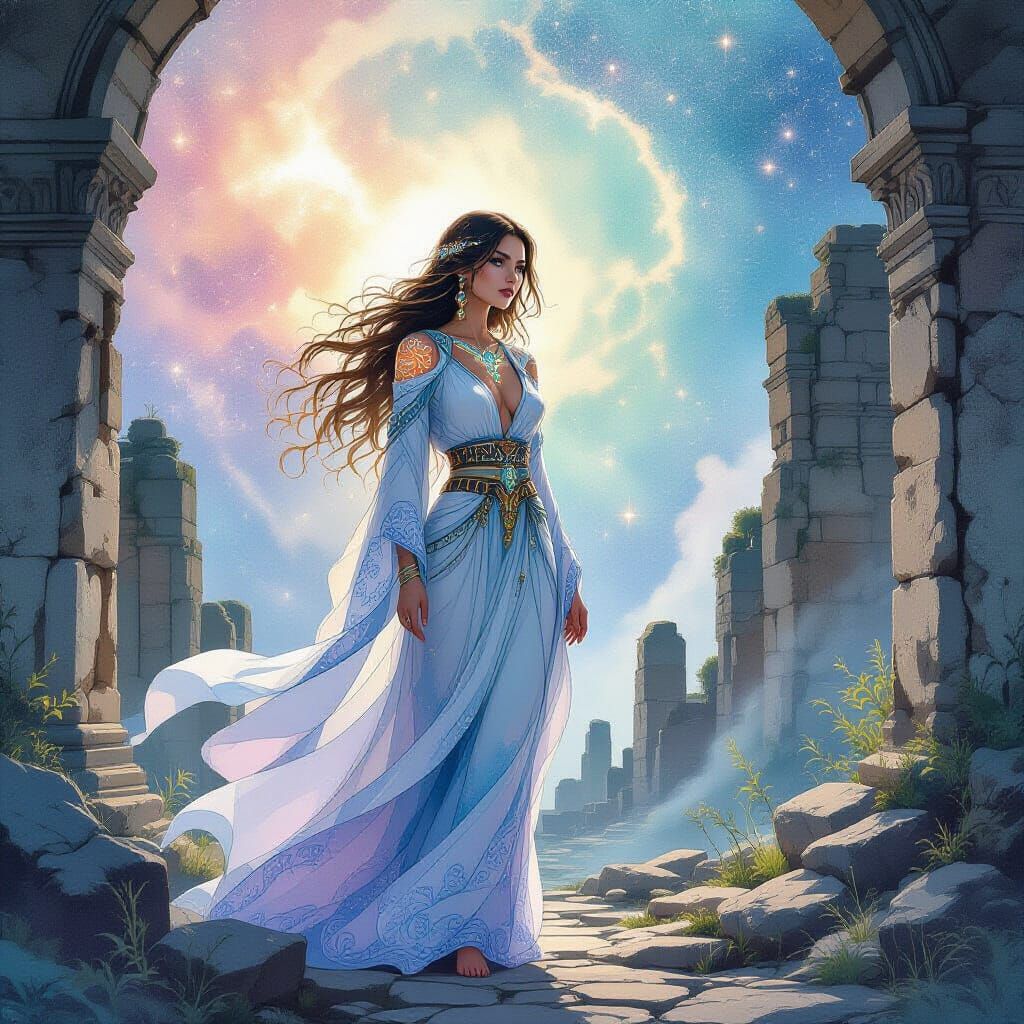 Woman in Celestial Robes in Ancient Ruins