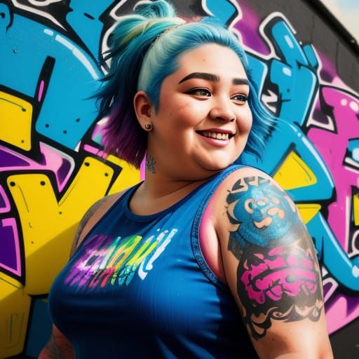 Vibrant Graffiti Art Portrait of Plus-Sized Woman