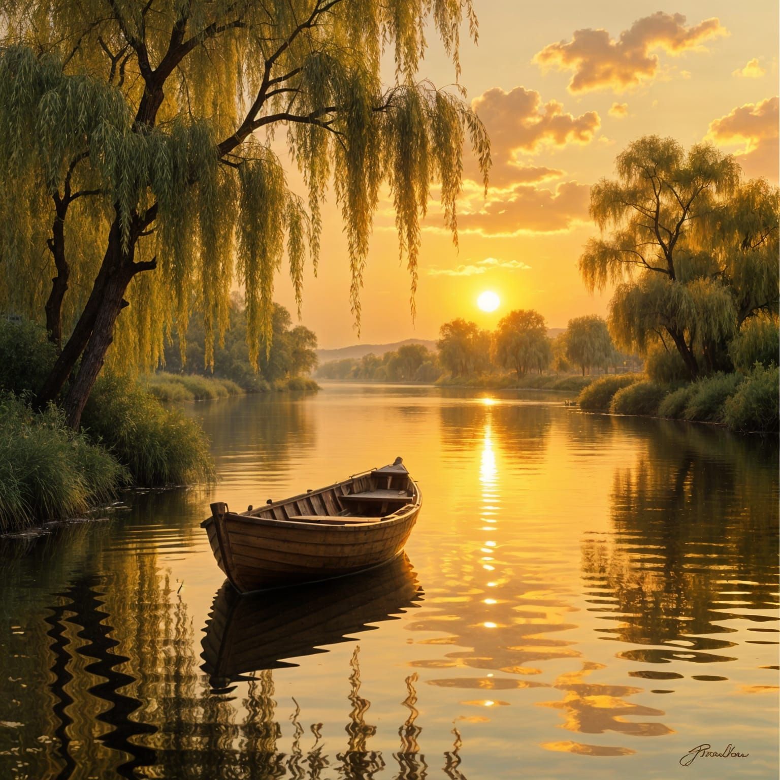 Golden Sunset Over a Miles-Long River with Willow Trees
