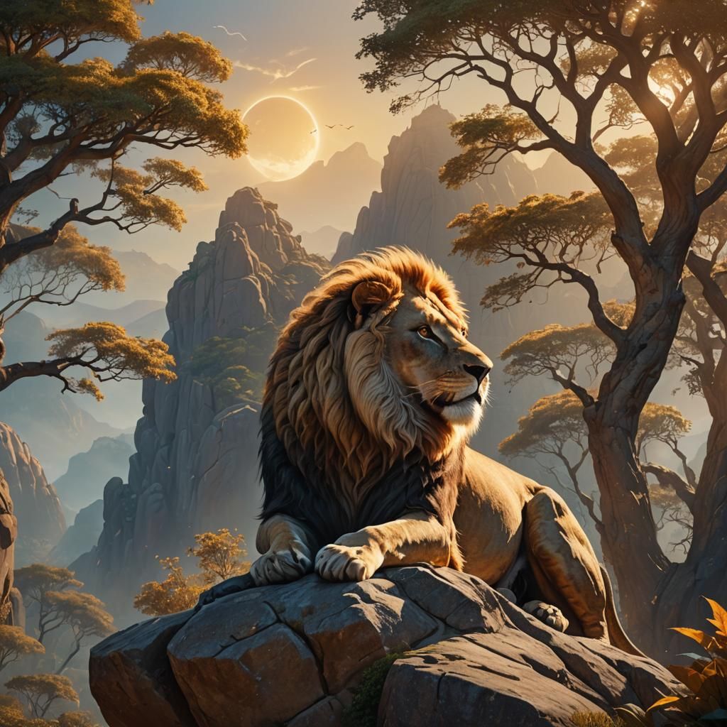 Majestic Lion Overseeing Animal Kingdom