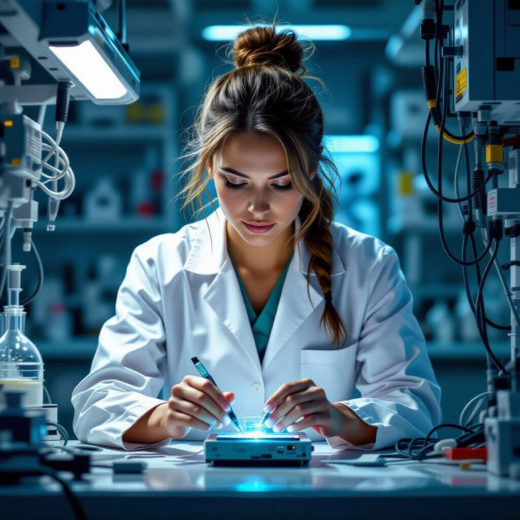 Lab Technician Repairs Device in Syd Mead Style